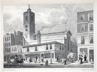 Szent Dionis templom, Backchurch, a "London és környéke a tizenkilencedik században" című kiadványból. Jones und Co., 1827-1829