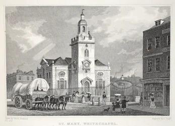 Szent Mária-templom, Whitechapel, a „London és környéke a tizenkilencedik században” kocsmából. Jones und Co., 1827-1829