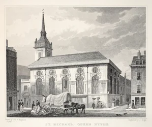 Szent Mihály-templom, Queenhithe, a "London és környéke a tizenkilencedik században" pubból. Jones und Co., 1827-1829