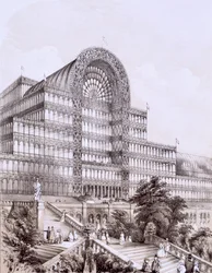 A Sydenham-i Kristálypalota, a Nagy Keresztély homlokzata, 1851-55 körül.