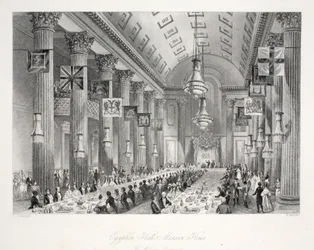 Egyptian Hall, Mansion House, a "London Interiors with their Costumes and Ceremonies" pub. Joseph Mead, London, 1843 körül (acélmetszet).
