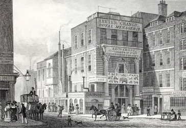 Exeter Change, Strand, a "London és környéke a tizenkilencedik században" című kiadványból. Jones und Co., 1827-1829