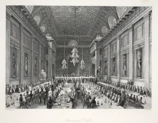 Szabadkőművesek csarnoka, a „London Interiors with their Costumes and Ceremonies” című műből, kiadta Joseph Mead, London, kb. 1843