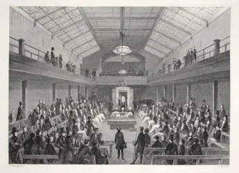 House of Commons, a „London Interiors with their Costumes and Ceremonies” kocsmából. Joseph Mead, London, 1843 körül (acélmetszet)