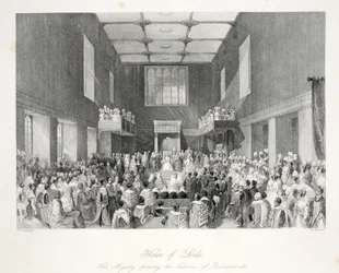 Lordok Háza, a „London Interiors with their Costumes and Ceremonies” kocsmából. Joseph Mead, London, 1843 körül (acélmetszet)