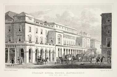 Olasz Operaház, Haymarket, a "London és környéke a tizenkilencedik században" pubból. Jones und Co., 1827-1829