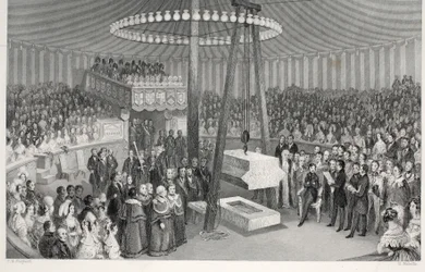 A New Royal Exchange első kövének lerakása a „London Interiors with their Costumes and Ceremonies” kocsmából. Joseph Mead, London, 1843 körül (acélmetszet)