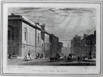 Newgate börtön és az Old Bailey, Robert Acon metszete, 1831