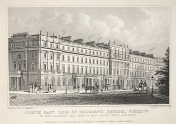 A Belgrave Square északkeleti oldala, Pimlico, a "London és környéke a tizenkilencedik században" pubból. Jones und Co., 1827-1829