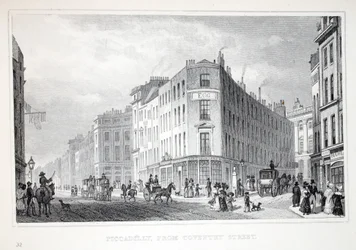 Piccadilly, a Coventry Streetről, a „London és környéke a tizenkilencedik században” kocsmából. Jones und Co., 1827-1829