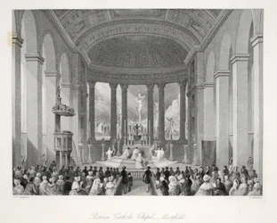Római katolikus kápolna, Moorfields, a Londoni belső terek viseleteikkel és szertartásaikkal című kiadványból, kiadta Joseph Mead, London, kb. 1843