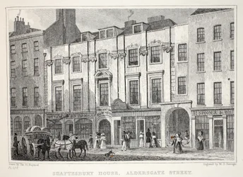 Shaftesbury House, Aldersgate Street, a „London és környéke a tizenkilencedik században” kocsmából. Jones und Co., 1827-1829