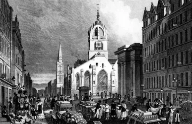 St. Giles templom, County Hall és a Lawn Market, Edinburgh, vésette William Tombleson, 1830 körül (metszet)