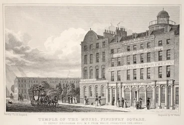 A múzsák temploma, a Finsbury Square, a „London és környéke a tizenkilencedik században” kocsmából. Jones und Co., 1827-1829