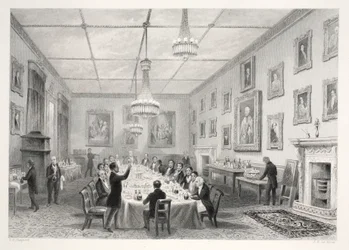 Thatched-House, a "London Interiors with their Costumes and Ceremonies" pub. Joseph Mead, London, 1843 körül (acélmetszet).