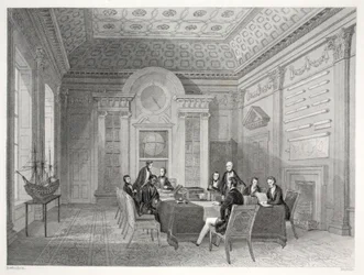 Az Admiralitás tanácsterme, a „London Interiors a jelmezeikkel és szertartásaikkal” kocsmából. Joseph Mead, London, 1843 körül (acélmetszet)