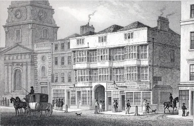 Az Old White Hart Tavern, Bishopsgate Street, a „London és környéke a tizenkilencedik században” kocsmából. Jones und Co., 1827-1829