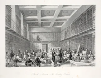 A British Museum olvasóterme és könyvtára a „London Interiors with their Costumes and Ceremonies” kocsmából. Joseph Mead, London, 1843 körül (acélmetszet)