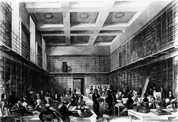 A British Museum hatodik olvasóterme, megjelent a „London Interiors”-ban, 1841 (metszet)