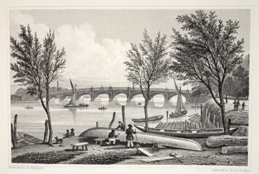 Vauxhall híd a Millbankból, a „London és környéke a tizenkilencedik században” pubból. Jones und Co., 1827-1829