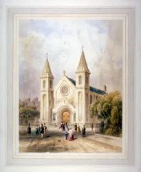 Kilátás egy ismeretlen vallási épületre a Regent Square-en, St Pancras, London, 1842.