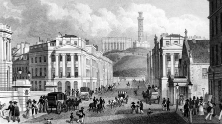 Waterloo Place, a Nemzeti emlékmű, a Nelson-emlékmű és a Calton Hill, Edinburgh, metszette Thomas Barber, 1829