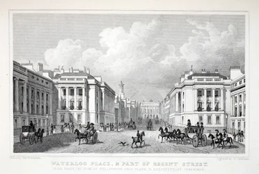 Waterloo Place, és a Regent Street egy része, a „London és környéke a tizenkilencedik században” pubból. Jones und Co., 1827-1829