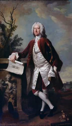 Theodore Jacobsen, a Foundling Kórház építésze portréja látható, kezében egy rajzzal a nyugati frontról, 1742 körül
