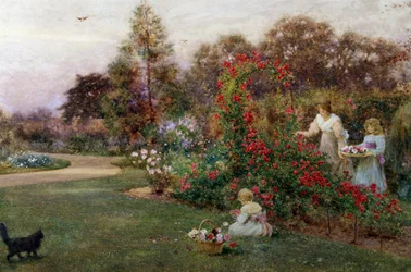 A művész kertjében, Yapton, Sussex. Egy anya és két gyermeke rózsát szed a kertben. Thomas James Lloyd (1849-1910 brit) festménye Magántulajdon.