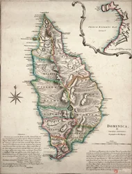 Dominika színes térképe részletes földrajzi megfigyelésekkel, 1760 körül (kézi színes metszet)