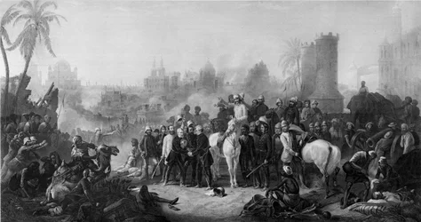 The Relief of Lucknow, und triumphant Meeting of Havelock, Outram és Sir Colin Campbell, a „...rajzok...helyszínen készült...Egron Lundgren úr” című művéből, 1860-ban Londonban