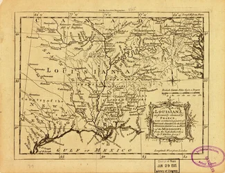 Louisiana, amelyet korábban Franciaország követelt magának, és amely most a Mississippitől keletre Brit-Amerika egy részét, a Mississippitől nyugatra pedig Spanyol-Amerikát foglalja magában. LOC 77690498