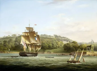 Egy királyi fregatt és más hajók az angliai Plymouth előtti Barn Bayben, a Mount Edgcumbe előtt. Olaj, vászon, 1830-55 körül, Thomas Lyde Hornbrook (1808-1855) alkotása.