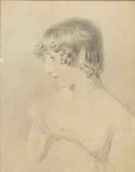 Susan Bloxam mellszobrai portréja, profilban balra fordítva, 1818 (fekete kréta, vörös krétával megérintve, enyhén megnyomva a fehér kártyán, elszíneződött barna)