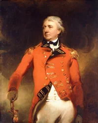 James Stuart tábornok háromnegyed hosszúságú portréja vörös egyenruhát visel, arany békával,