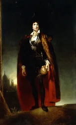 John Kemble portréja, mint Hamlet, teljes alakban a tájban áll, köpenyt visel és koponyát tart,