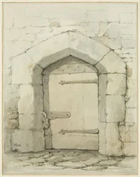 Régi boltív és ajtó a Tower Lane-ben, szemben a Szent János-templom Vestry-vel (ceruza és akvarell papíron)