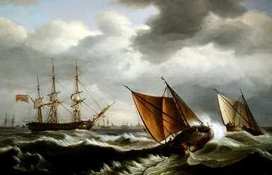 Holland parti hajó egy angol fregatttal horgonyzó viharban Harwichnál