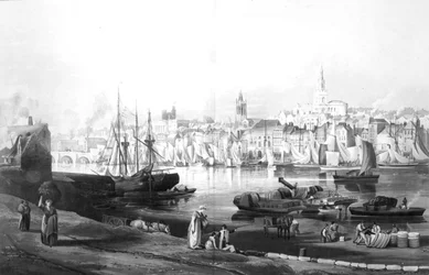 Kilátás Newcastle upon Tyne kikötőjére és városára a Rope Walk felől, Gateshead, metszett Robert Havell, 1819 (metszet)