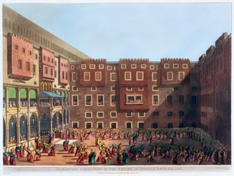 "Mamelukes gyakorlatok a Mourad Bey palotája terén", Kairó, Egyiptom, 1802