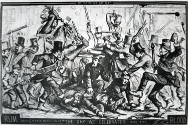 Rajzfilm, amely a New York-i zavargásokat ábrázolja Szent Patrik napján, 1867, megjelent a Harper