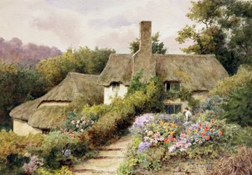 A Cottage at Selworthy, Somerset, Anglia. Egy nő egy angol vidéki ház kertjében. Thomas Nicholson Tyndale (1860-1930 brit) festménye Magántulajdon.
