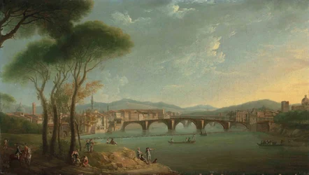 Kilátás a firenzei Arnóra a Cascine-kertből, az előtérben halászó és a sziklákon pihenő alakokkal, a Ponte alla Carità-val és a Ponte Vecchio-val túl