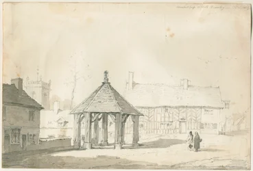 Abbots Bromley Tudor - Market Cross and House: ceruza és mosás rajz