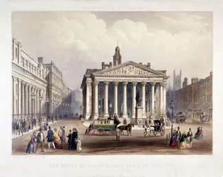 Royal Exchange és a Bank of England balra, London, 1851