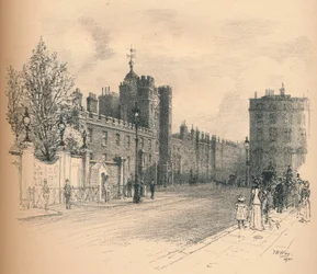 A Szent Jakab-palota általános képe, a Pall Mall bevásárlóközpontból, 1902