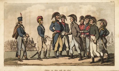 Johnny Newcome kapitány szolgálatban van Wellington hercege tábori segédjeként a félszigeti hadjárat alatt. Kézzel színezett rézmetszet, amelyet Thomas Rowlandson rajzolt és maratott David Roberts ezredes The Military Adventures of Johnny Newcome, Martin,