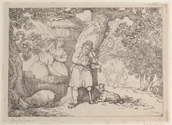 Hegedűs, tengerész, két nő és egy disznó egy kunyhó mellett, 1816., 1816.