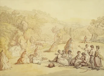 Kukoricatáblán pihenő betakarítógépek, 1805–1810 körül (toll és tinta mosással papíron)