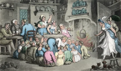 Hunting the Slipper, Illusztráció Oliver Goldsmith „The Vicar of Wakefield” című művéből, pub. Ackermann, 1817 (kézzel színezett metszet)